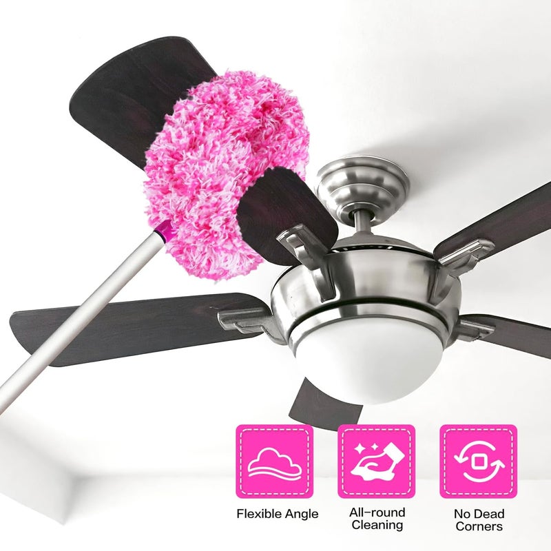 Heonay Ceiling Fan Cleaner Duster Reusable Microfiber Ceiling Fan Blade Cleaner Removable Duster with Extension Pole Adjusts 13 to 49.7 Inch for Cleaning Walls Furniture Door Window Top (Rosy White) - Image 2
